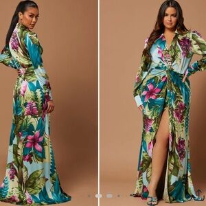 Resort Wrap Gown with Notched Collar Maxi high slit